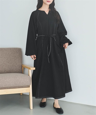 【再生産】配色ステッチキーネックワンピース(04ブラック-ＸＳ-0588067-04-028)