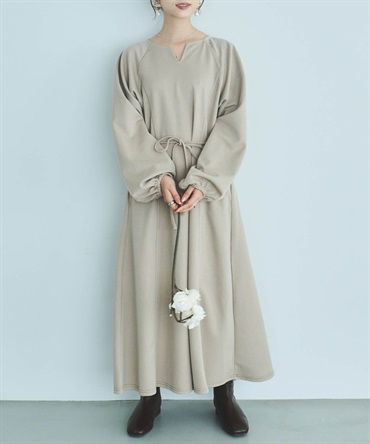 【再生産】配色ステッチキーネックワンピース(82ベージュ-ＸＳ-0588067-82-028)
